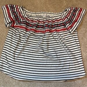 THML Blue and White Smocked Blouse with Red Embroidery